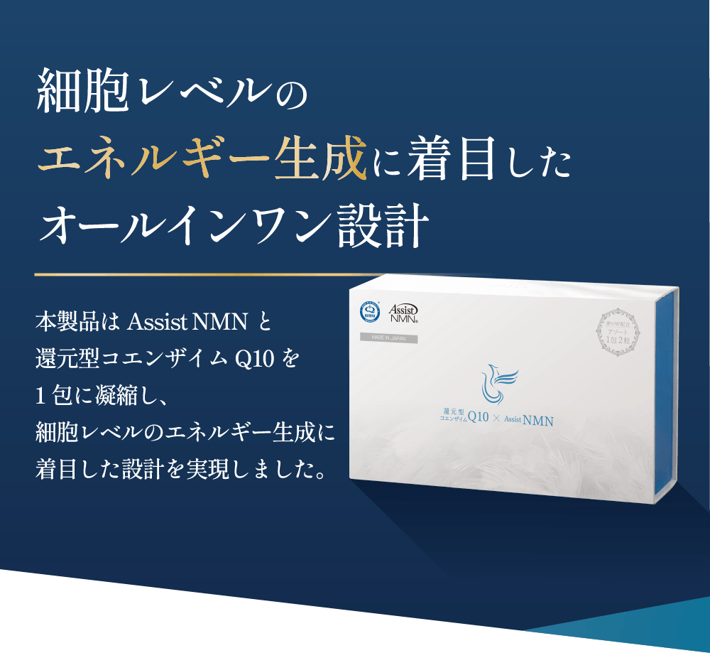 細胞レベルのエネルギー生成に着目したAssist NMNと還元型コエンザイムQ10配合サプリメント