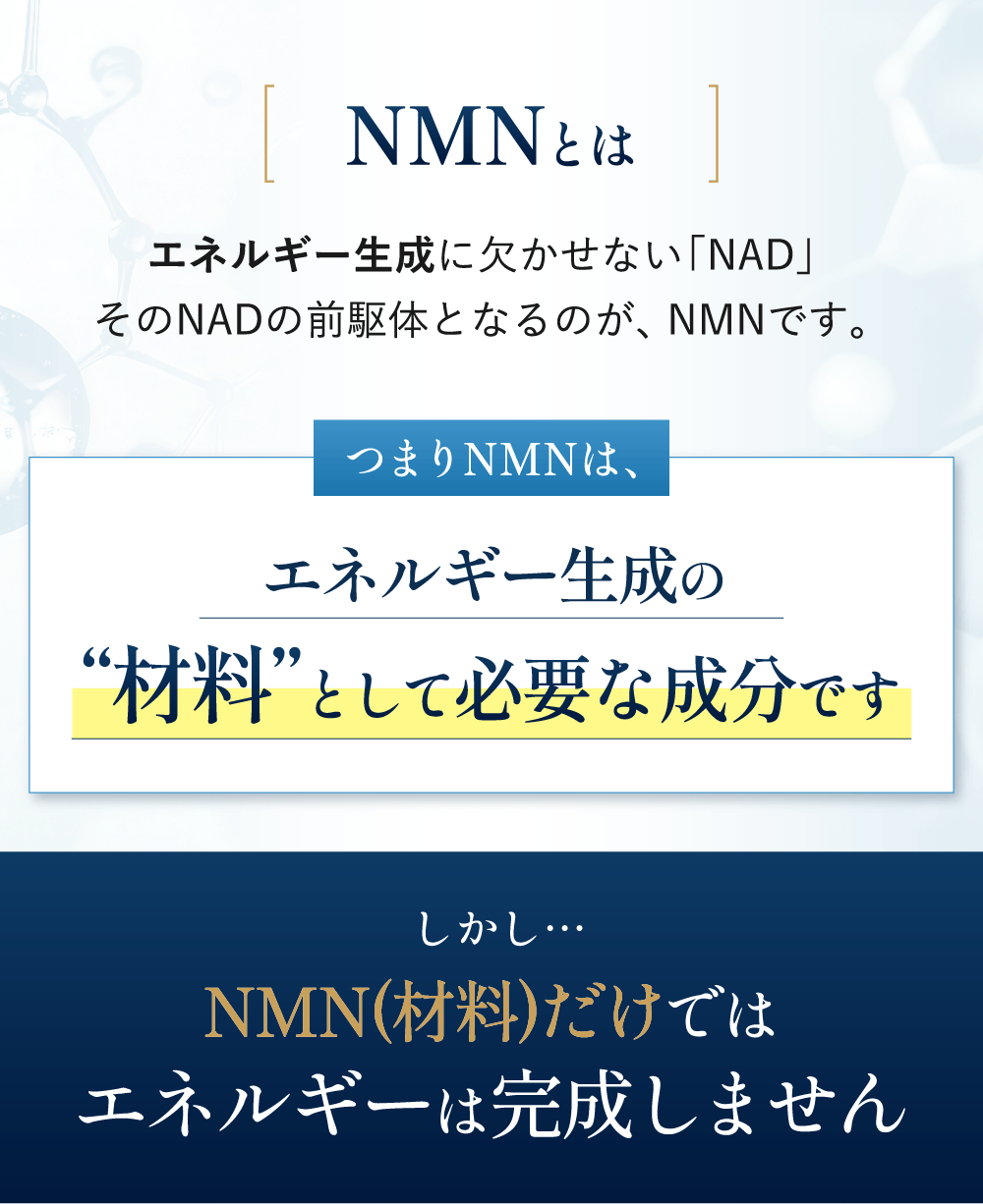 NMNはエネルギー生成に欠かせないNADの前駆体であり、エネルギー生成の材料となる成分です
