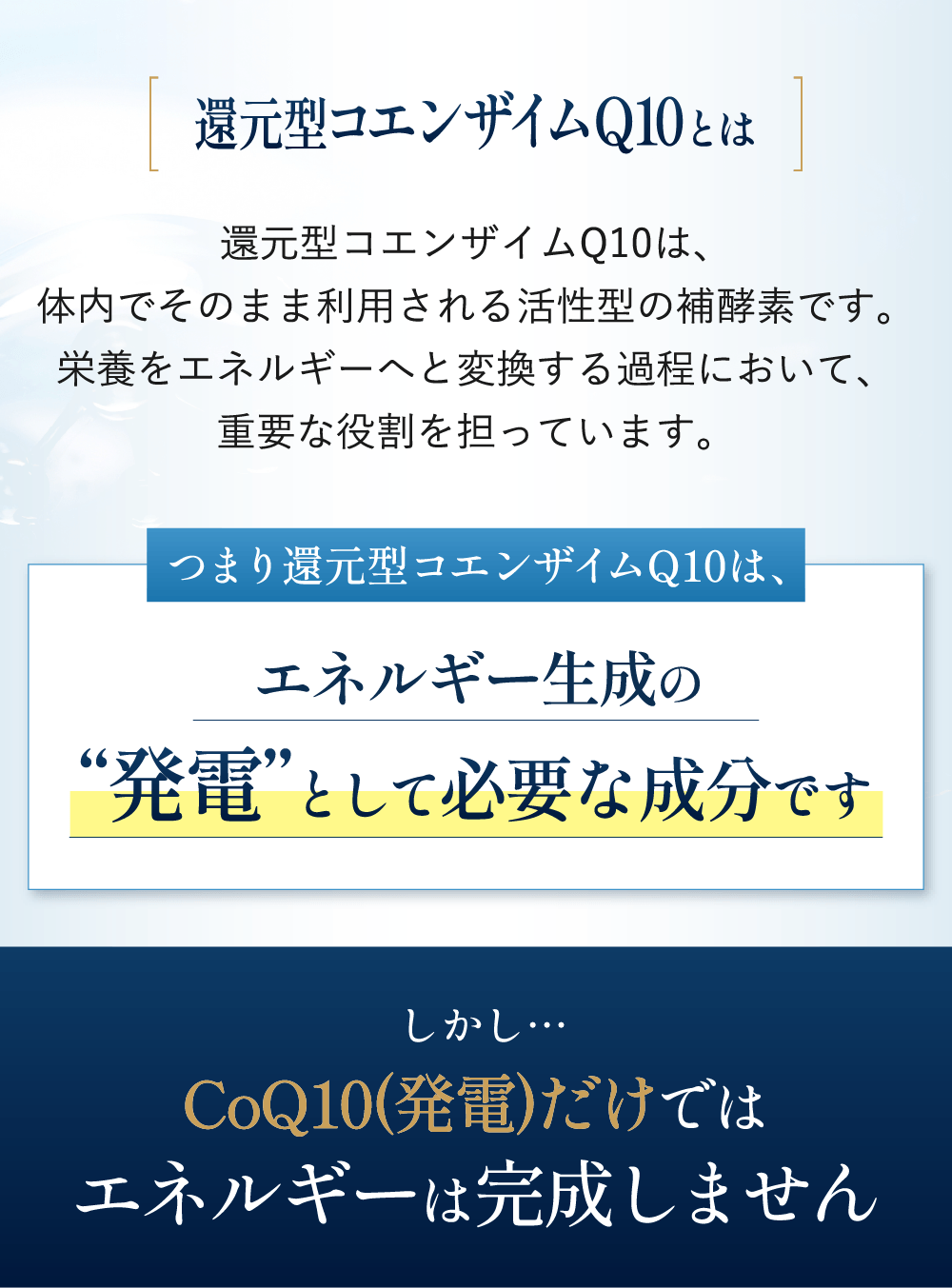 還元型コエンザイムQ10は体内で利用される活性型補酵素でエネルギー生成を支える成分です