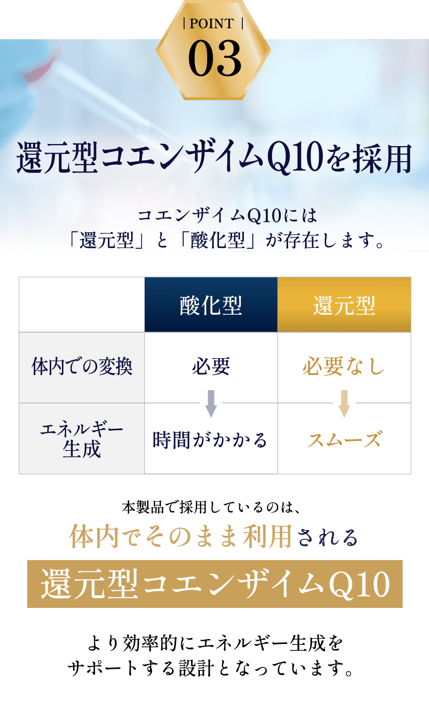 体内でそのまま利用できる還元型コエンザイムQ10を採用し効率的なエネルギー生成をサポート